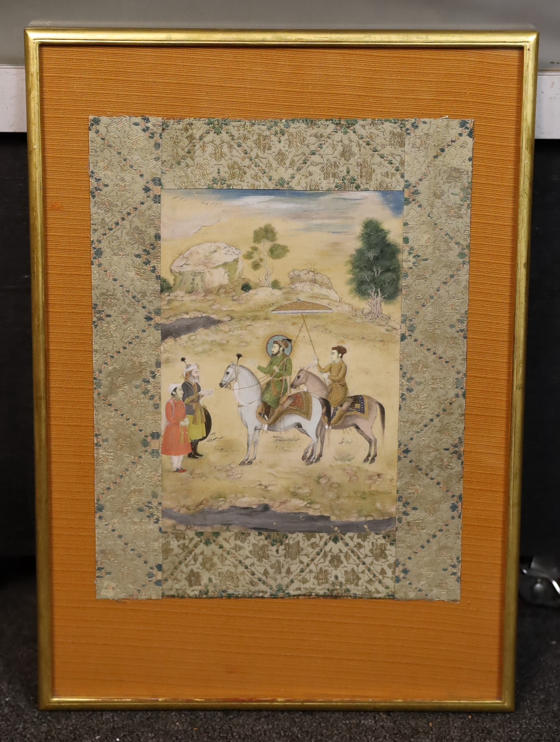Indian School (early 19th century) , Shah Jahan and Prince Dara Shikoh on horseback speaking to his Grand vezier Jafar Khan, watercolour with gilding on paper, 22 x 15cm